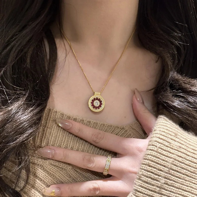 Vintage Double-Sided Ruby Rose Flower Necklace
