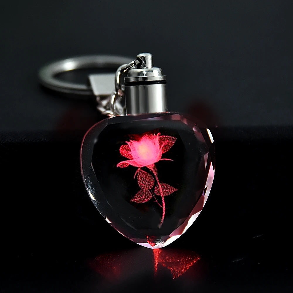 Heart-Shaped Crystal Rose Keychain