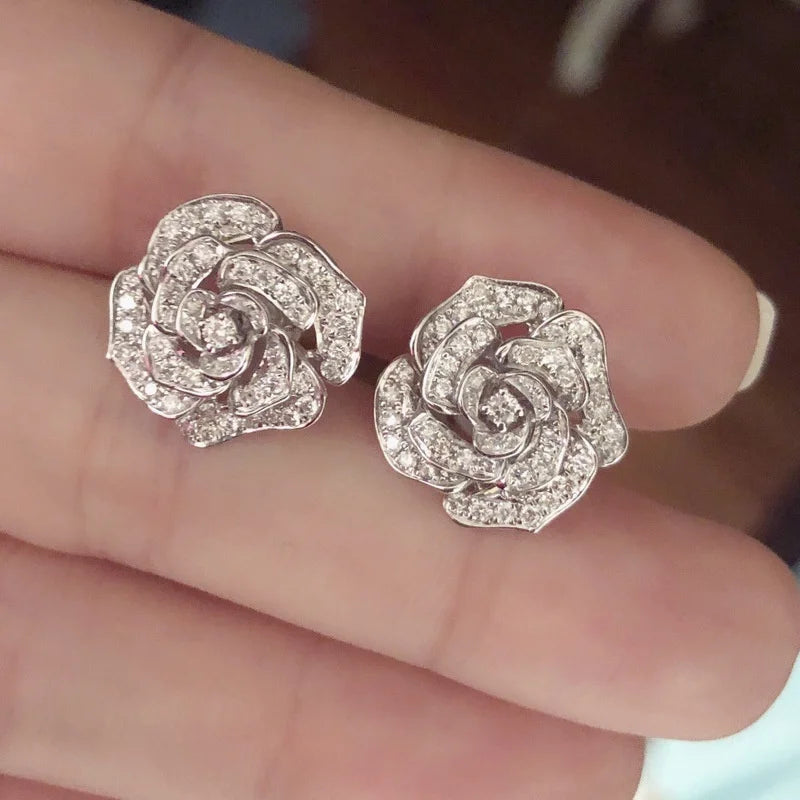 925 Silver-Plated Rose Flower Stud Earrings