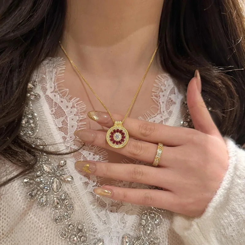 Vintage Double-Sided Ruby Rose Flower Necklace