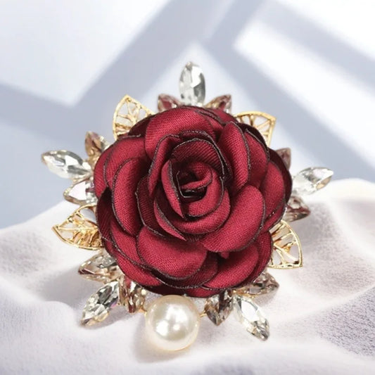 Light Gold Fabric Rose Pearl Brooch