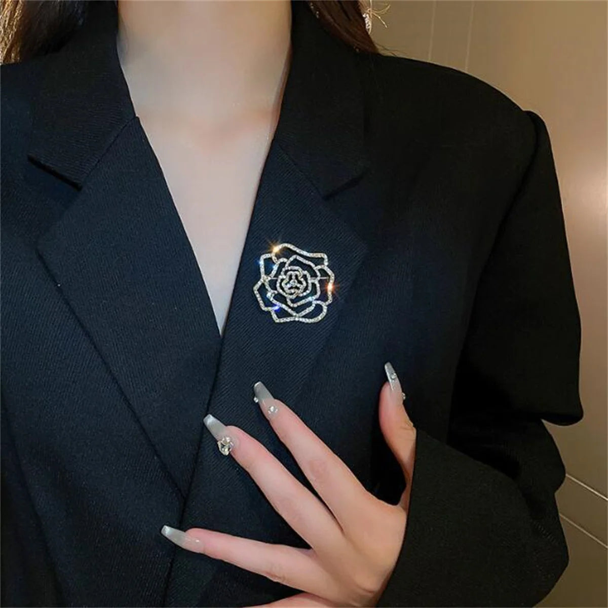 Shiny Rhinestone Crystal Rose Brooch