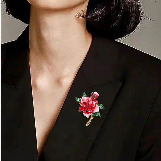 Hand-Painted Enamel Rose Brooch