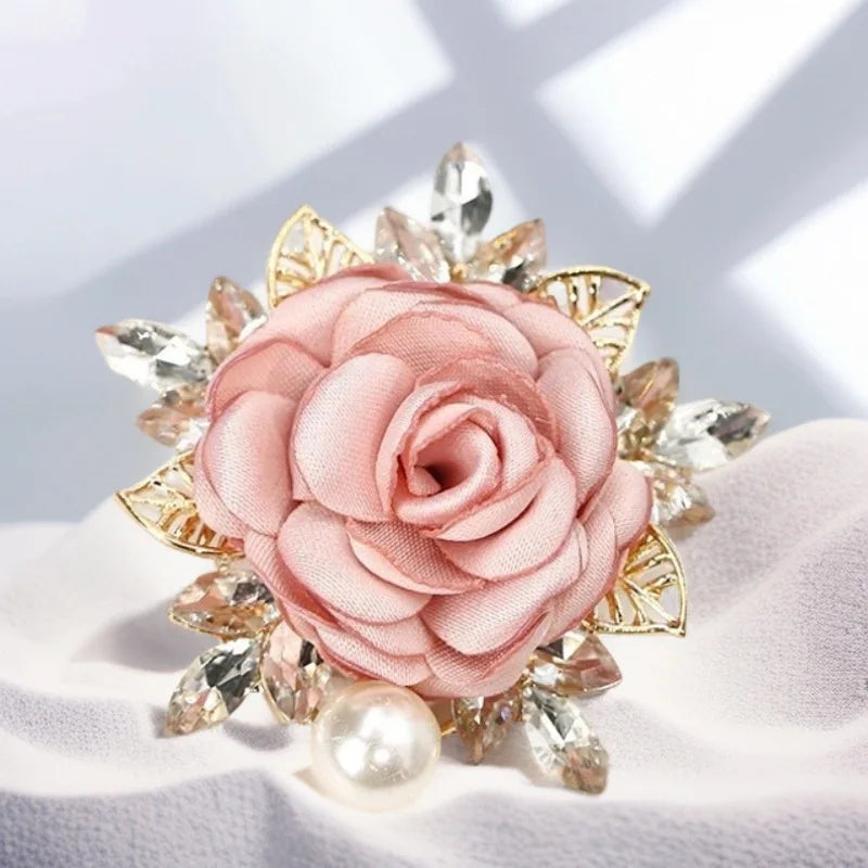 Light Gold Fabric Rose Pearl Brooch