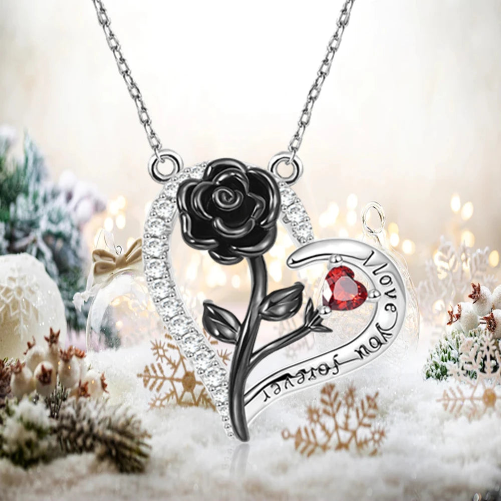 Heart-Shaped Rose Rhinestone Pendant Necklace