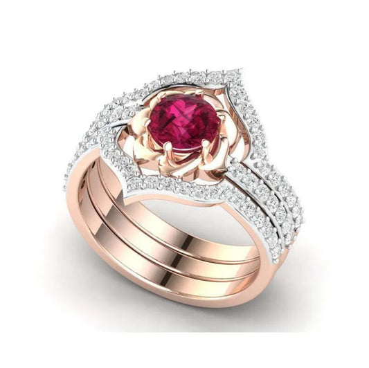 3PCS Rose Gold Flower Red Zircon Ring Set