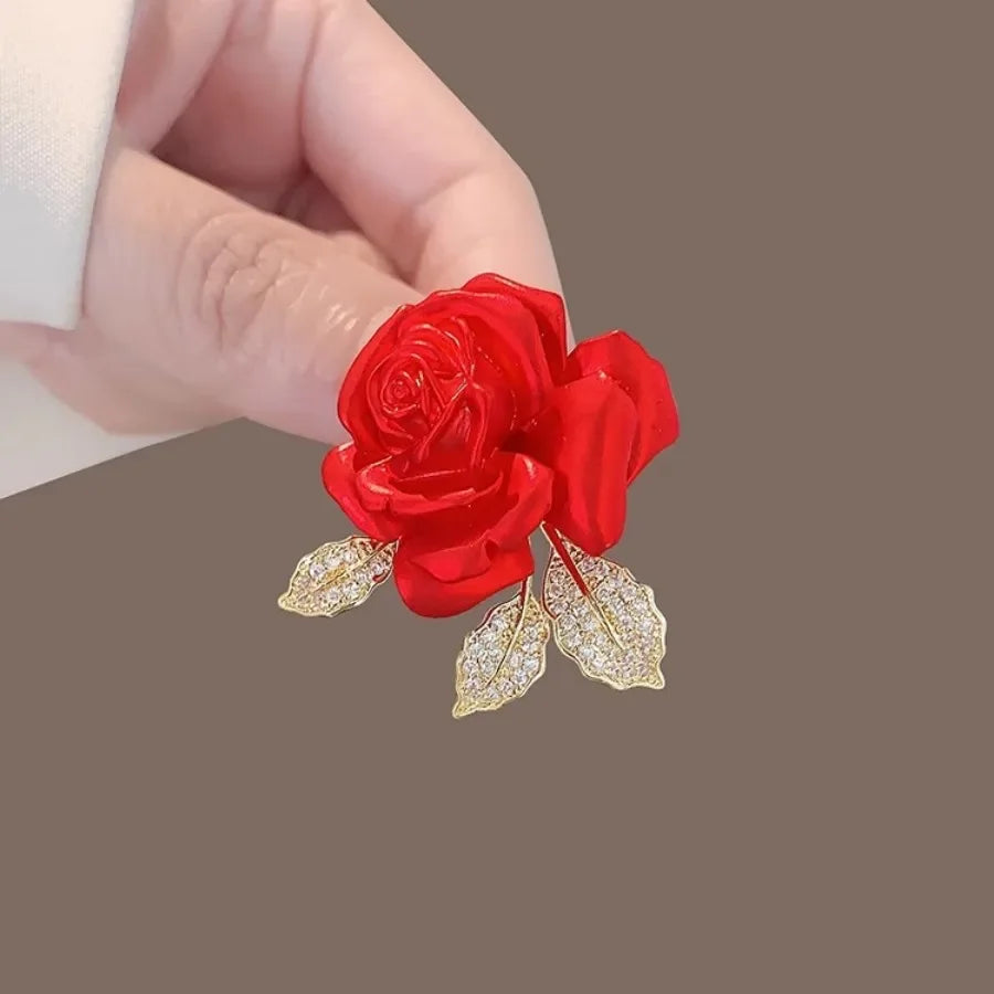 Vintage Red Rose Flower Brooch