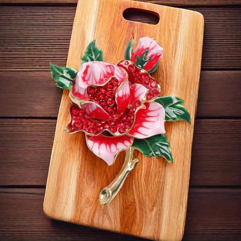 Hand-Painted Enamel Rose Brooch