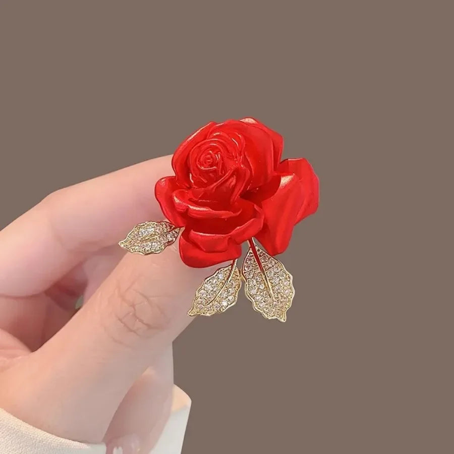 Vintage Red Rose Flower Brooch