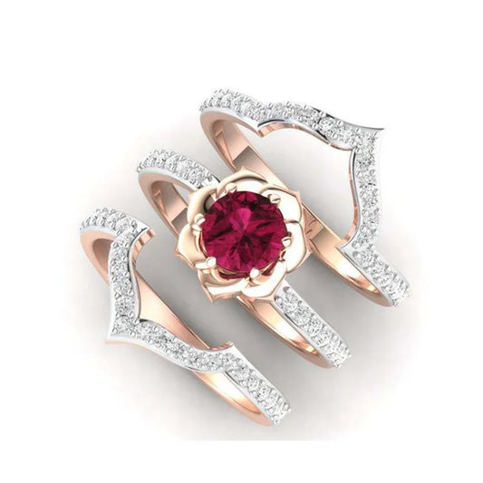3PCS Rose Gold Flower Red Zircon Ring Set