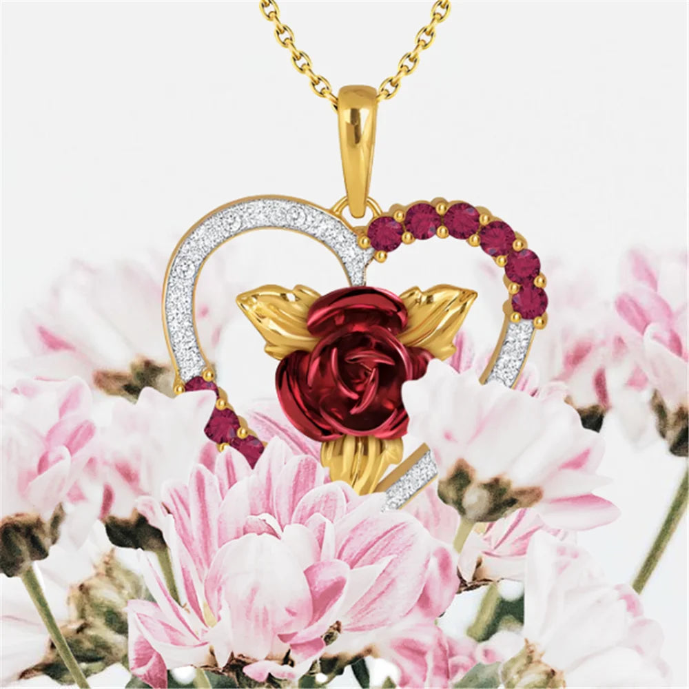 Heart-Shaped Rose Rhinestone Pendant Necklace