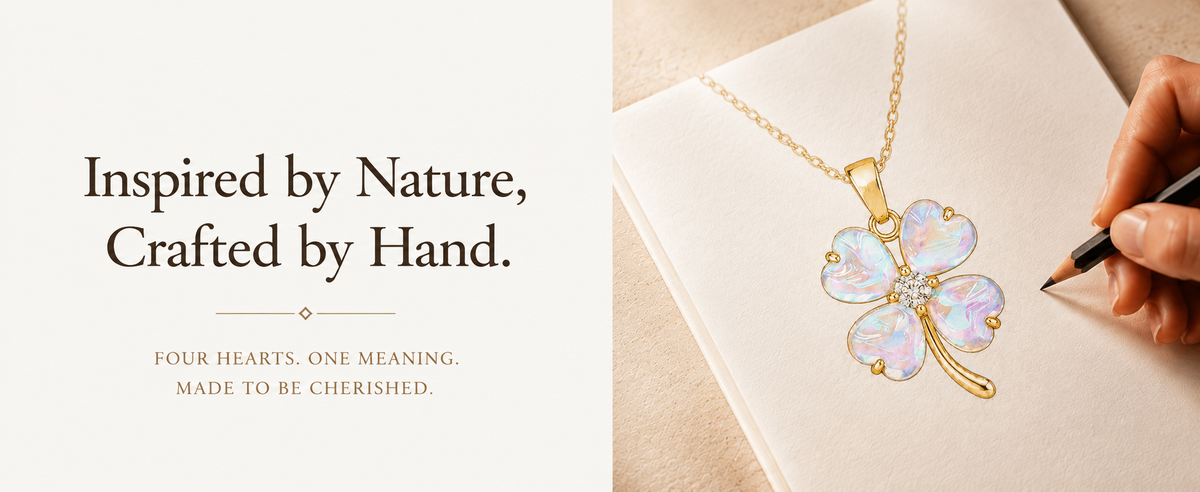Iridescent four-leaf clover pendant with a gold-tone outline.