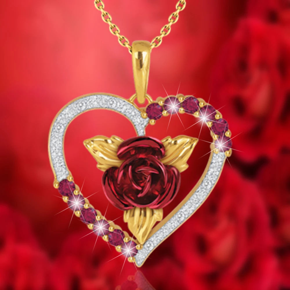 Heart-Shaped Rose Rhinestone Pendant Necklace