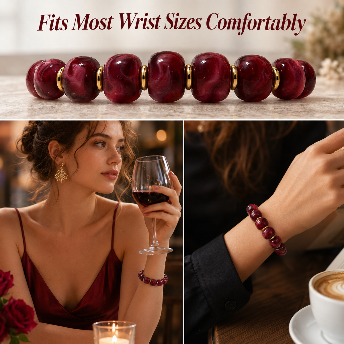 Udroze Burgundy Resin Bead Bracelets for Women Stretch Chunky Bracelet - image 4