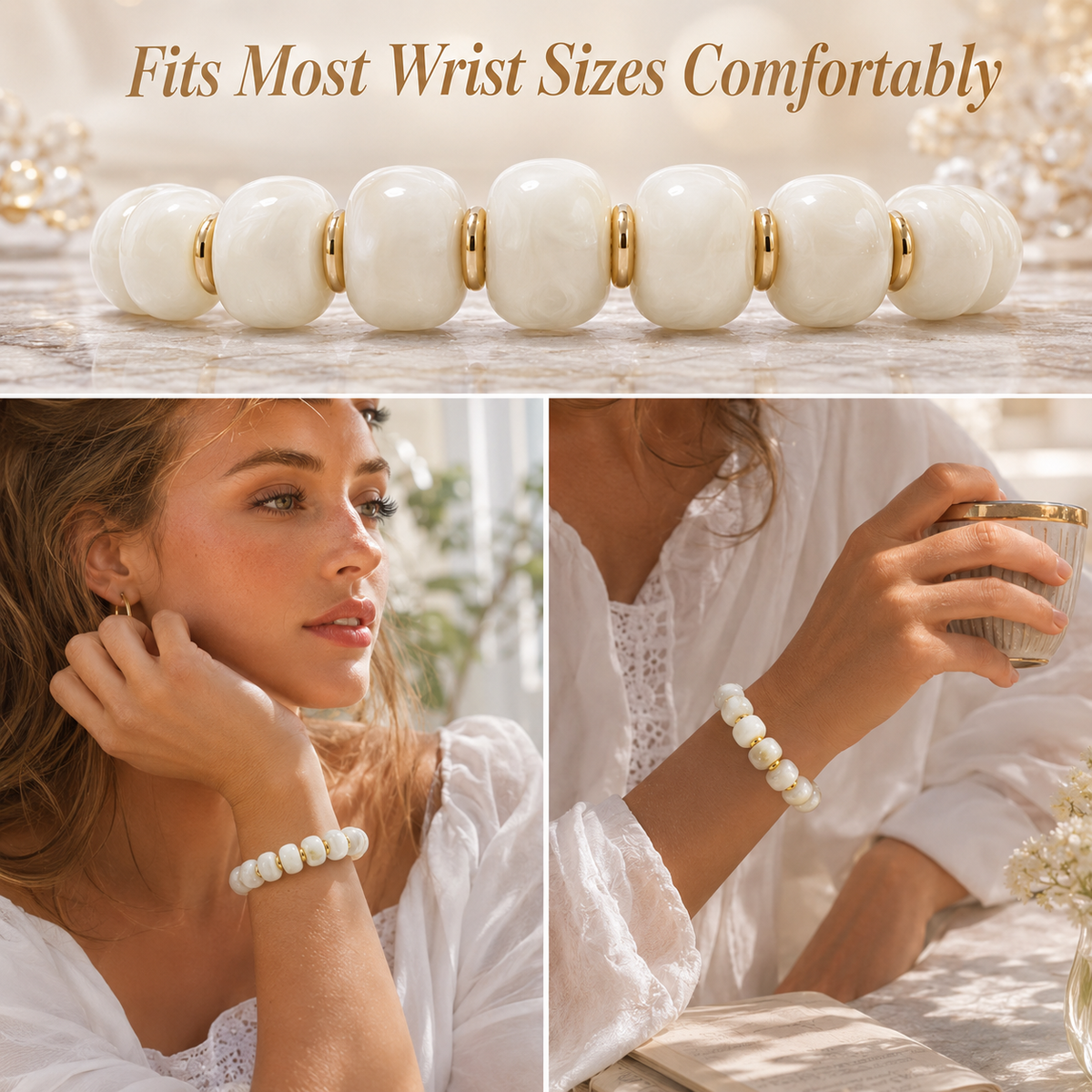 Udroze Ivory Resin Bead Bracelets for Women Stretch Chunky Bracelet - image 4