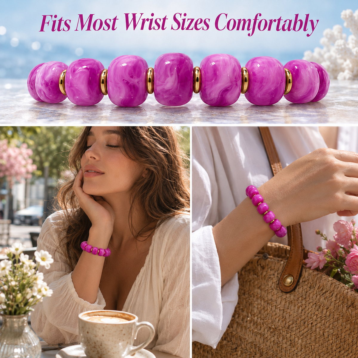 Udroze Magenta Resin Bead Bracelets for Women Stretch Chunky Bracelet - image 4