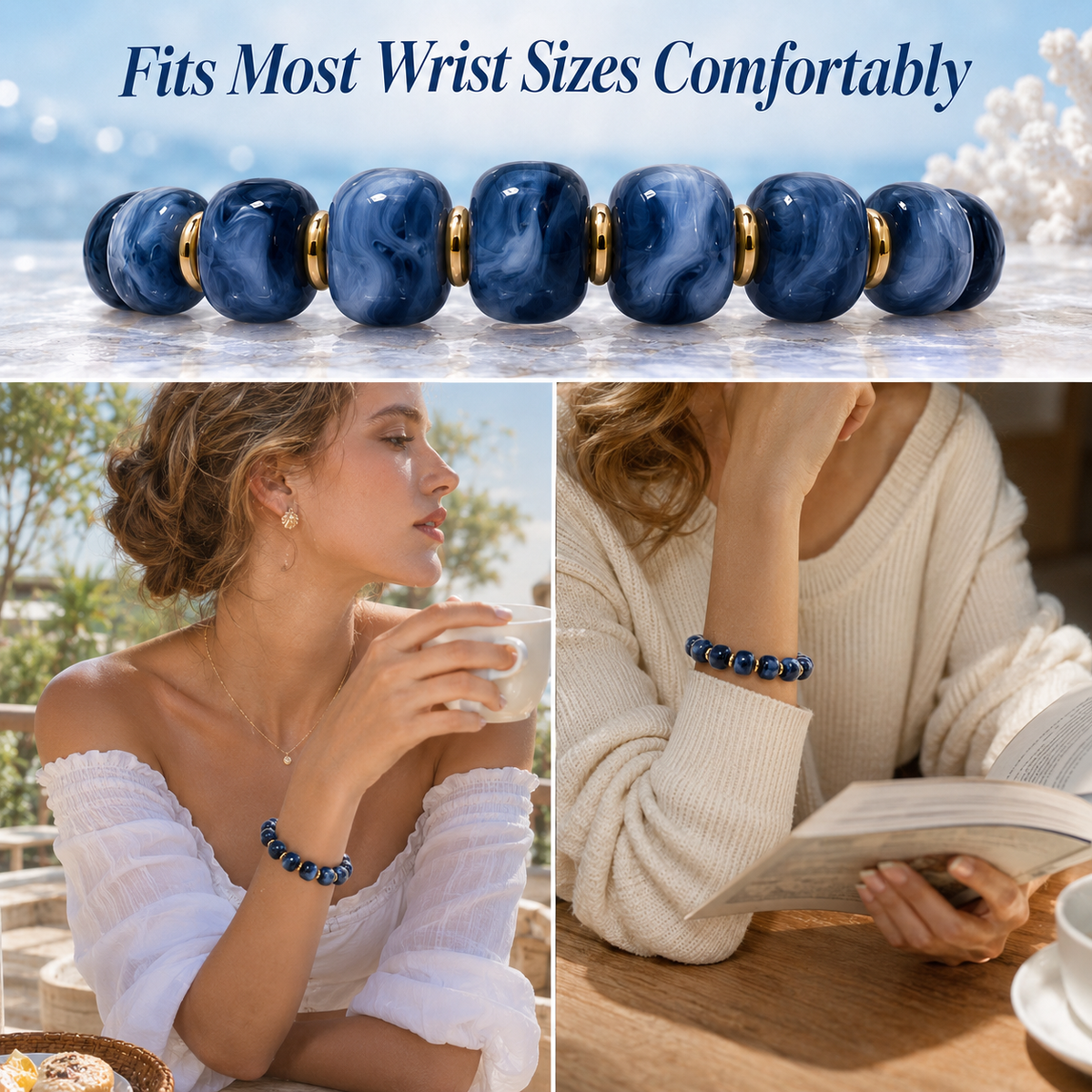 Udroze Navy Resin Bead Bracelets for Women Stretch Chunky Bracelet - image 4