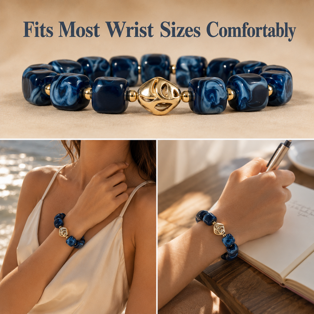 Udroze Navy Resin Bead Bracelets for Women Stretch Chunky Bracelet - image 4