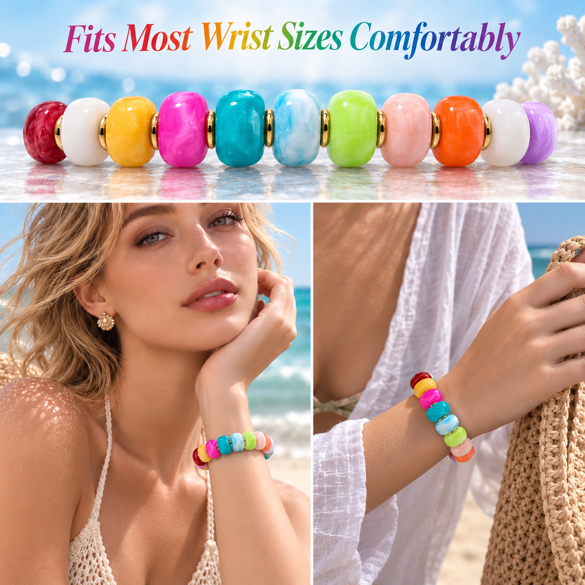 Udroze Rainbow Shine Resin Bead Bracelets for Women Stretch Chunky Bracelet - image 4