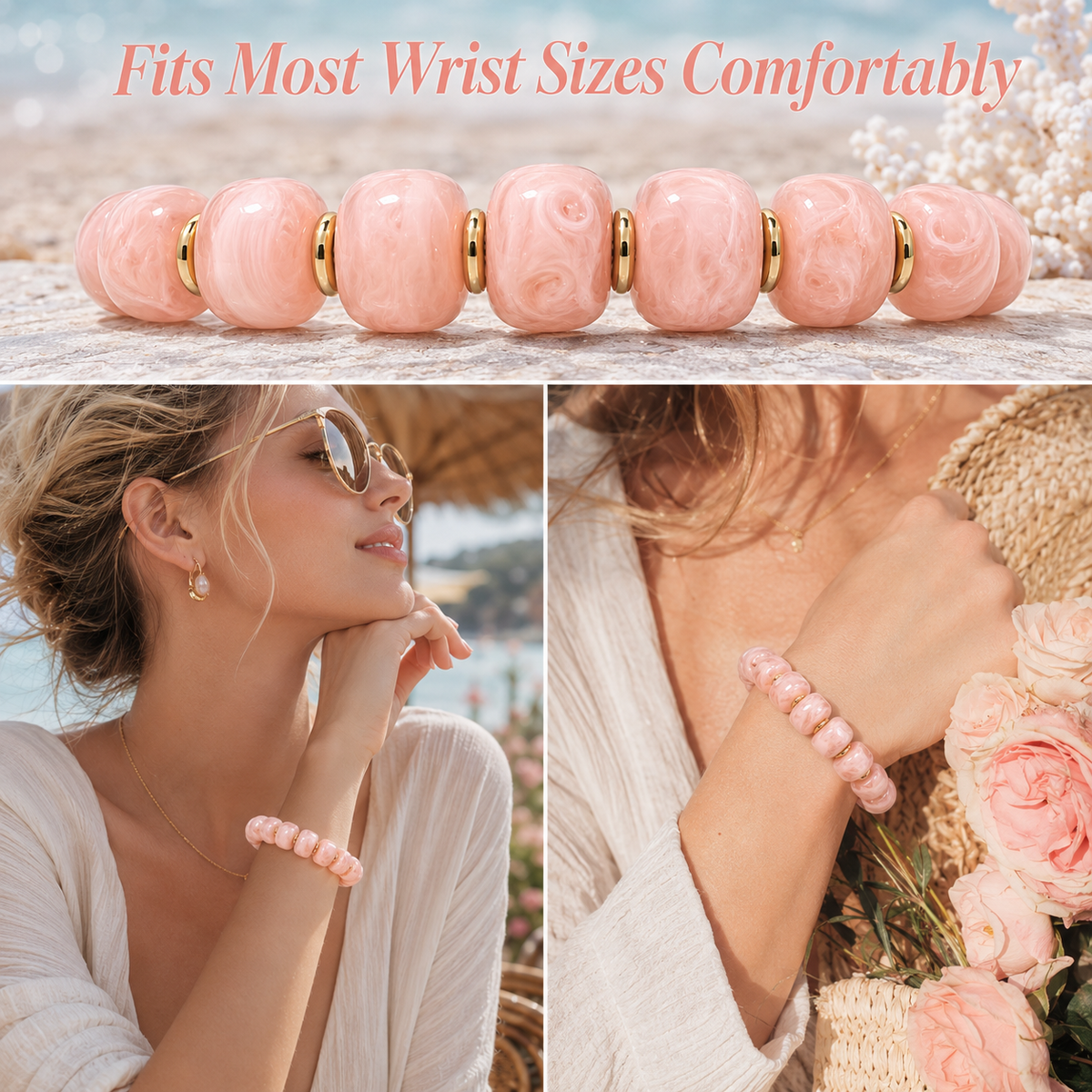 Udroze Pink Resin Bead Bracelets for Women Stretch Chunky Bracelet - image 4