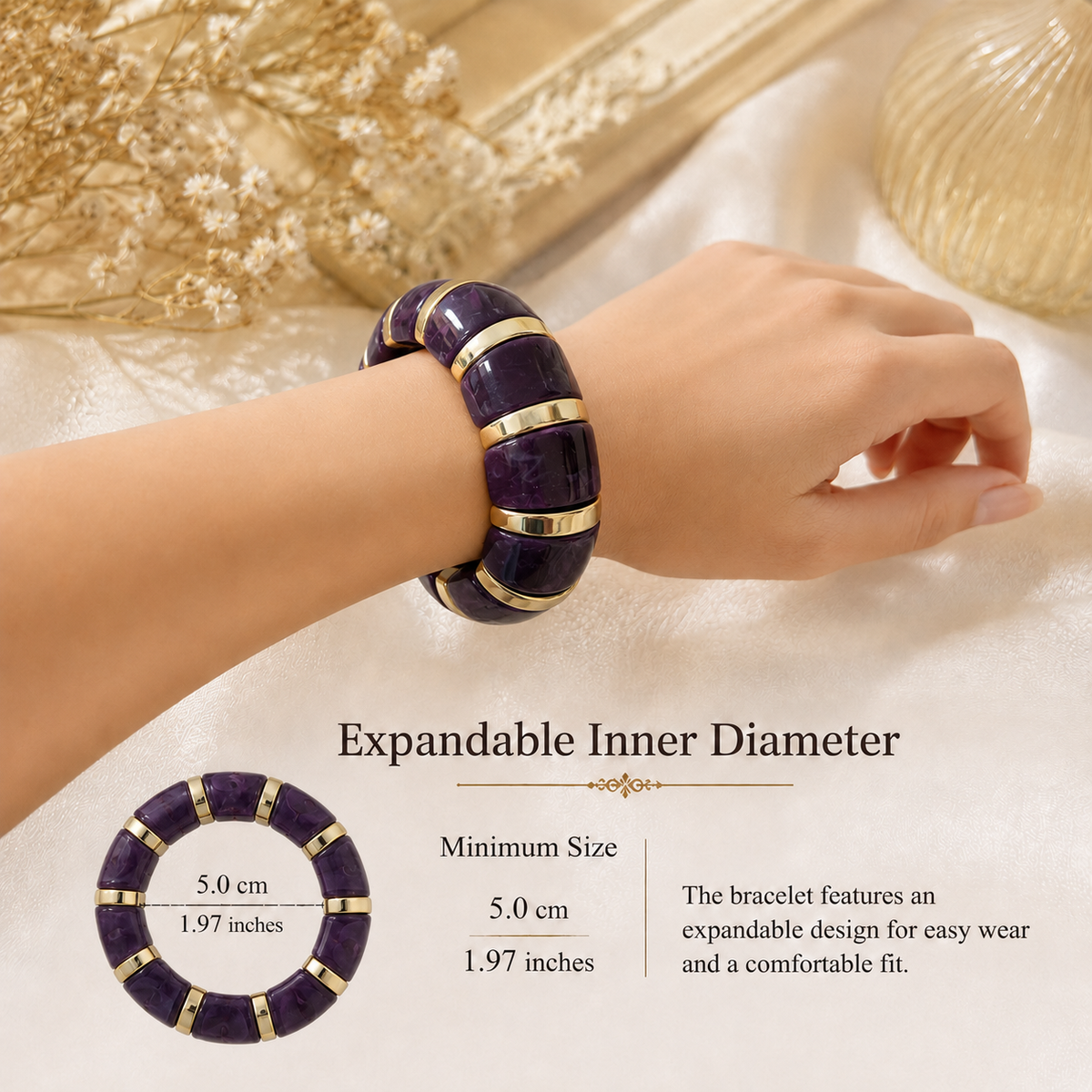 Udroze Amethyst chunky resin stretch bangle bracelet - bracelet dimensions