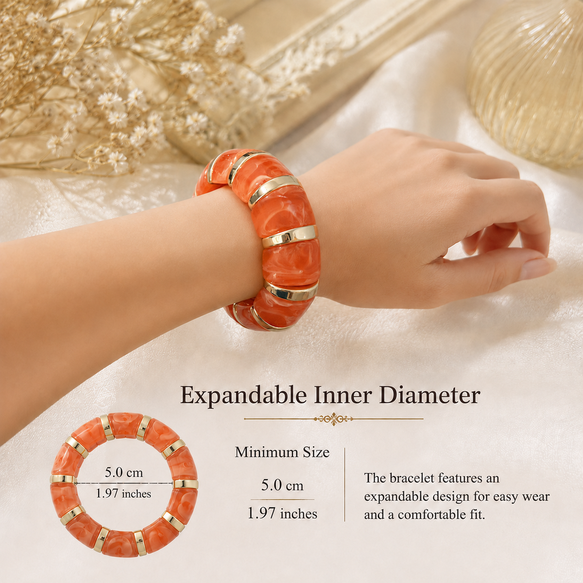 Udroze Apricot chunky resin stretch bangle bracelet - bracelet dimensions