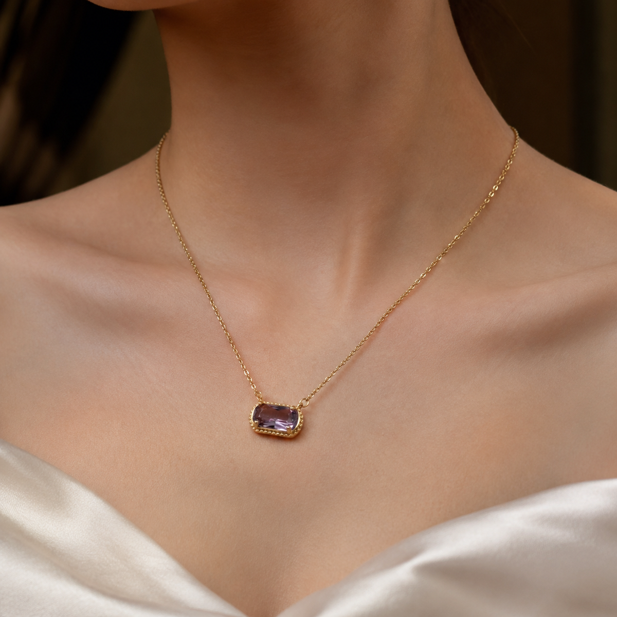 UDROZE February Amethyst rectangle birthstone necklace - neckline view
