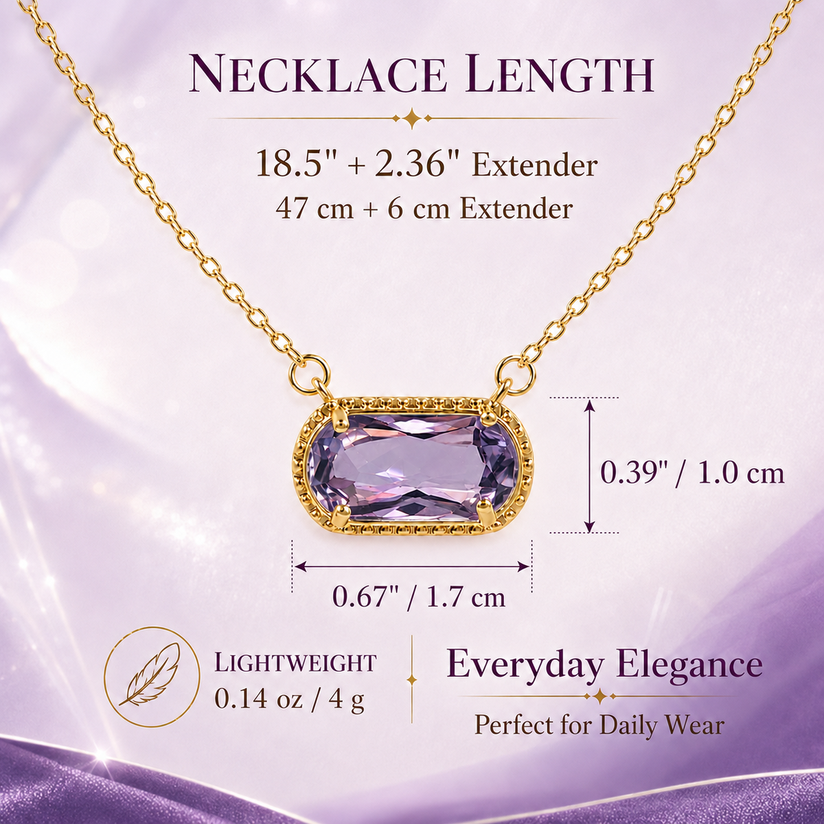 UDROZE February Amethyst rectangle birthstone necklace - necklace dimensions