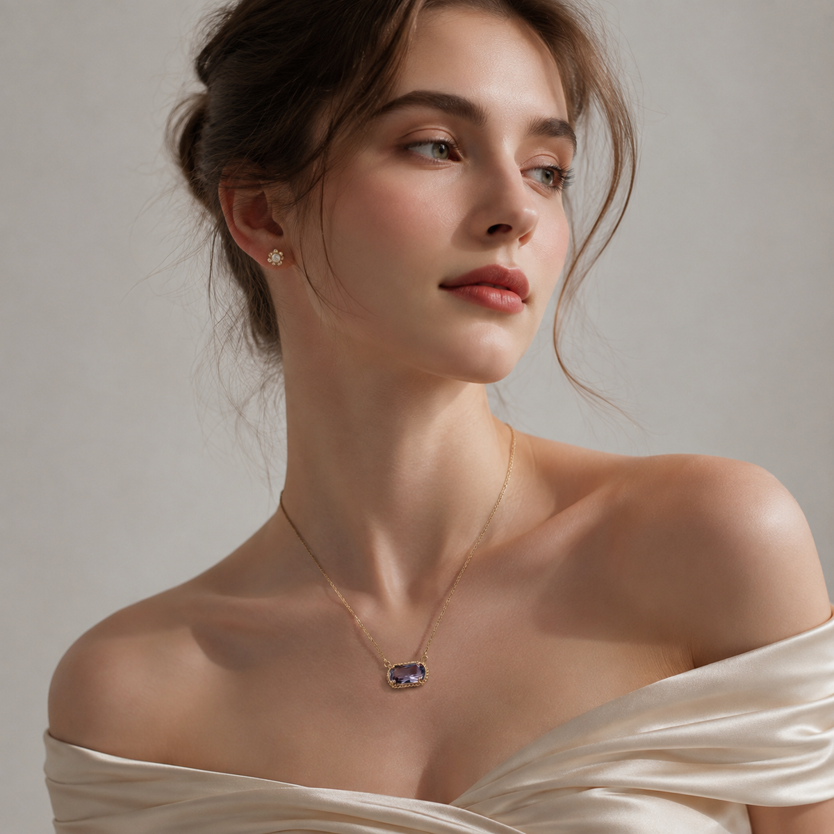 UDROZE February Amethyst rectangle birthstone necklace - model wearing the necklace
