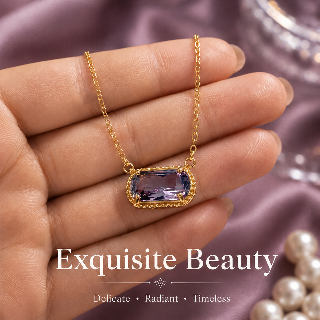 UDROZE February Amethyst rectangle birthstone necklace - pendant detail