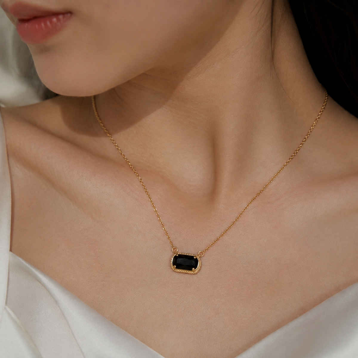 UDROZE August Black rectangle birthstone necklace - neckline view