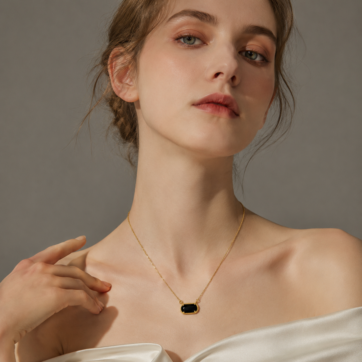 UDROZE August Black rectangle birthstone necklace - model wearing the necklace