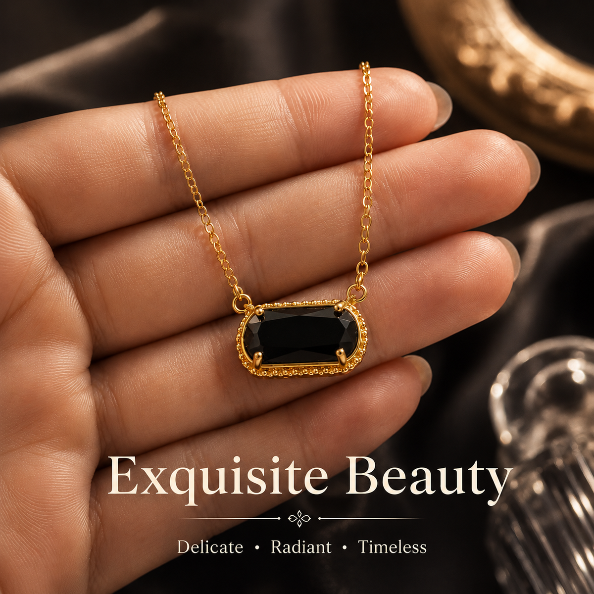 UDROZE August Black rectangle birthstone necklace - pendant detail