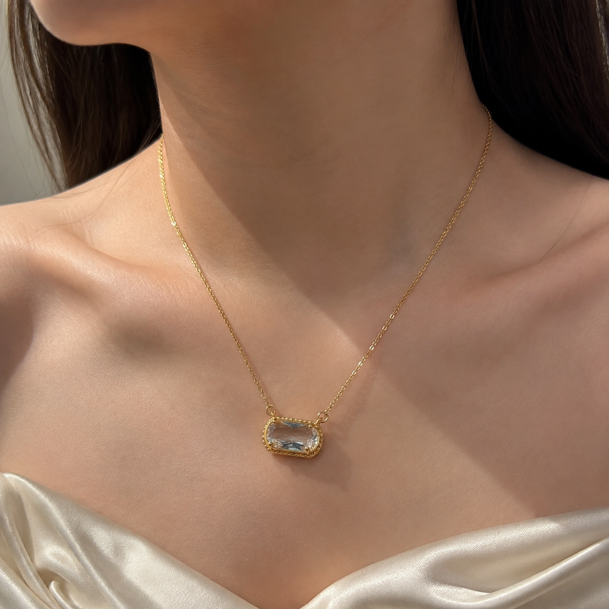 UDROZE April Crystal Clear rectangle birthstone necklace - neckline view