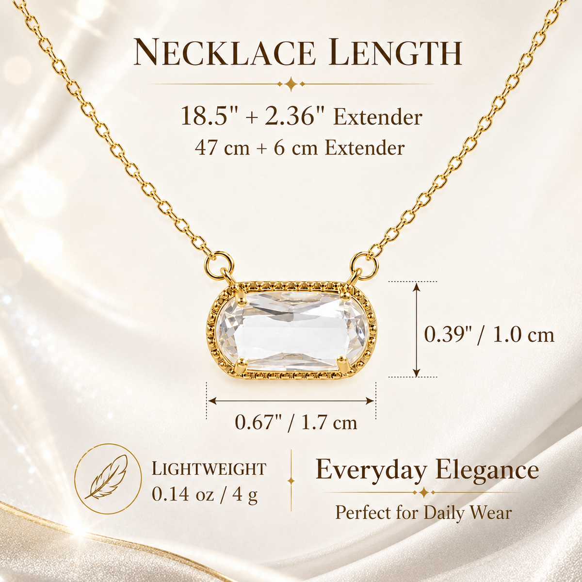 UDROZE April Crystal Clear rectangle birthstone necklace - necklace dimensions
