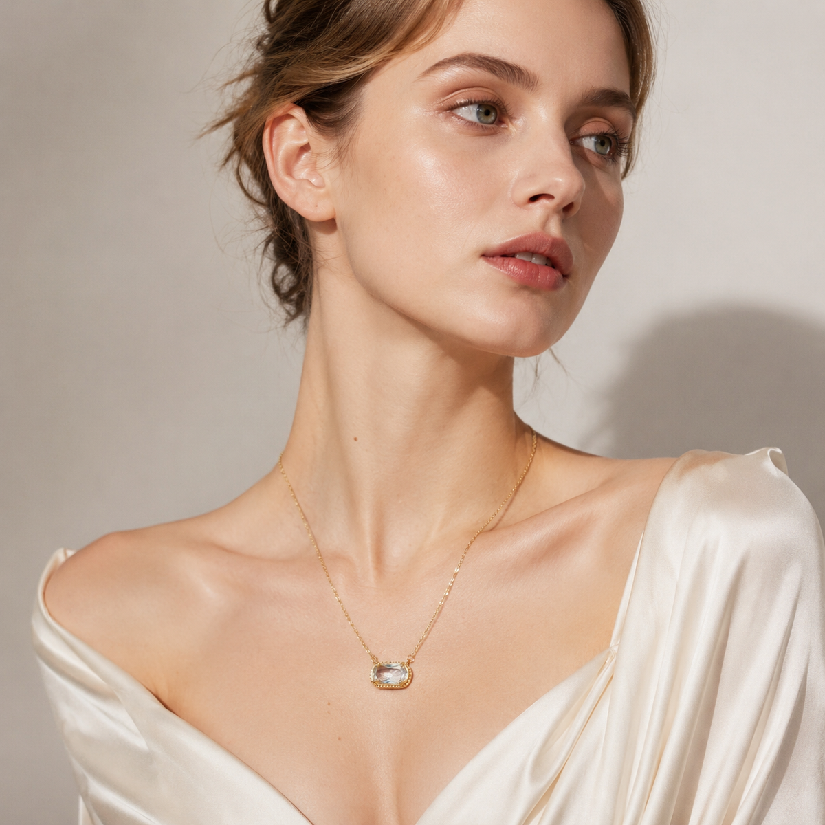 UDROZE April Crystal Clear rectangle birthstone necklace - model wearing the necklace