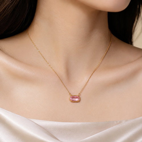 UDROZE October Dusty Rose rectangle birthstone necklace - neckline view