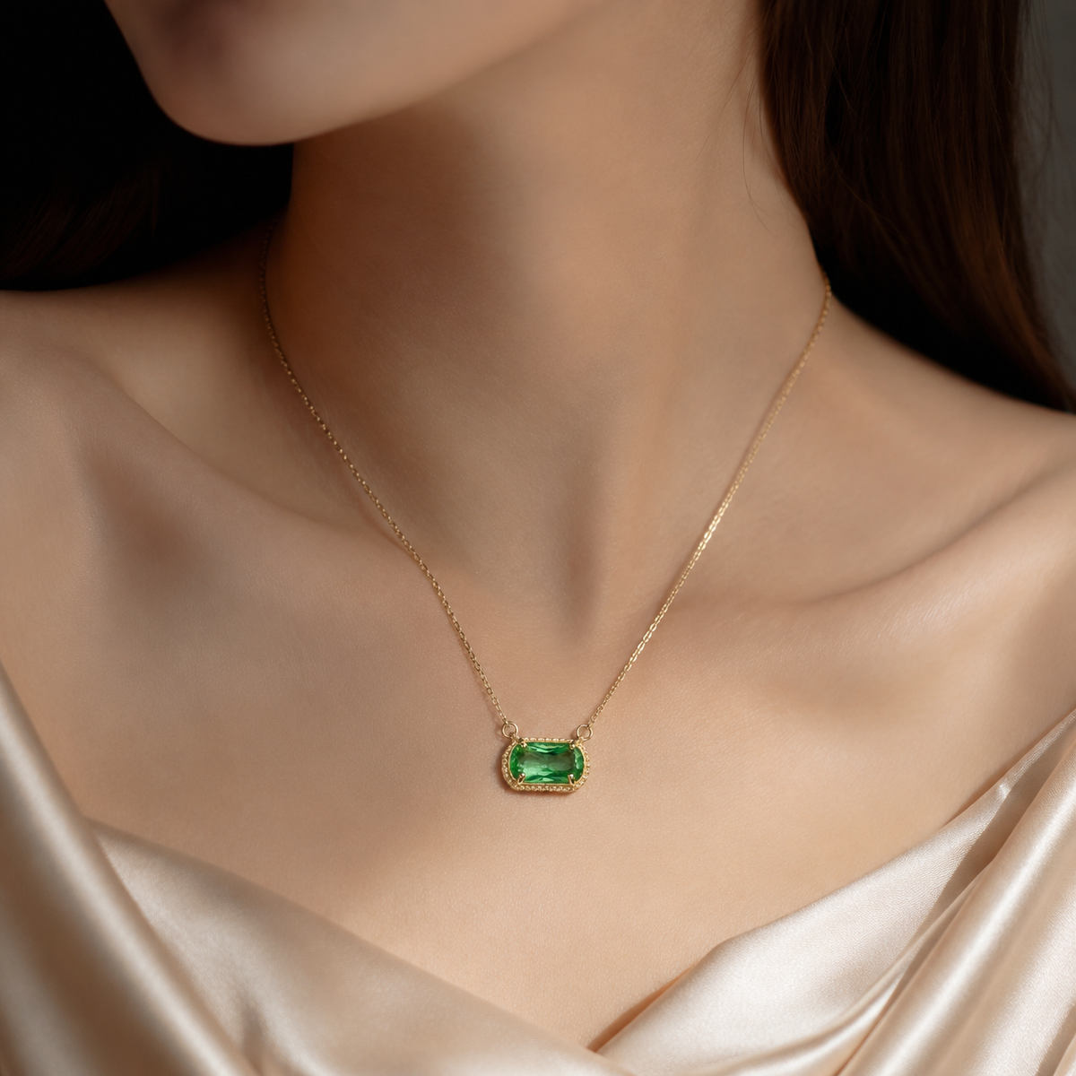 UDROZE December Light Green rectangle birthstone necklace - neckline view