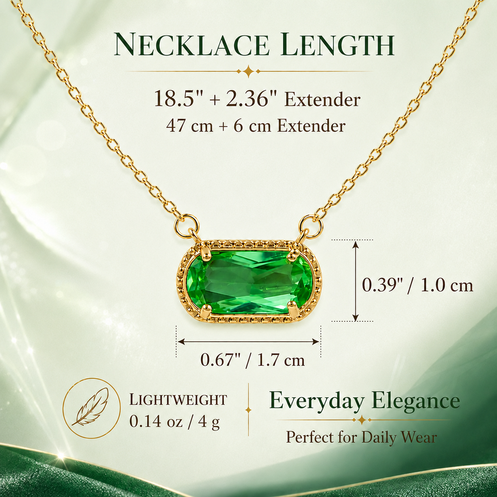 UDROZE December Light Green rectangle birthstone necklace - necklace dimensions