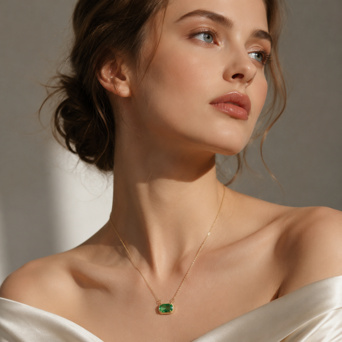 UDROZE December Light Green rectangle birthstone necklace - model wearing the necklace