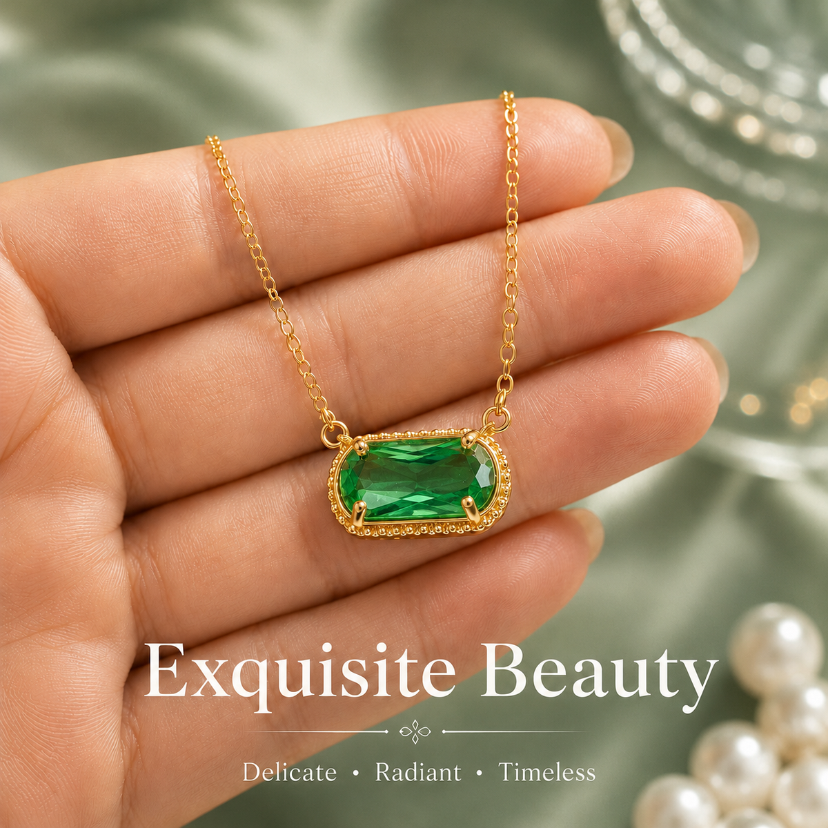 UDROZE December Light Green rectangle birthstone necklace - pendant detail