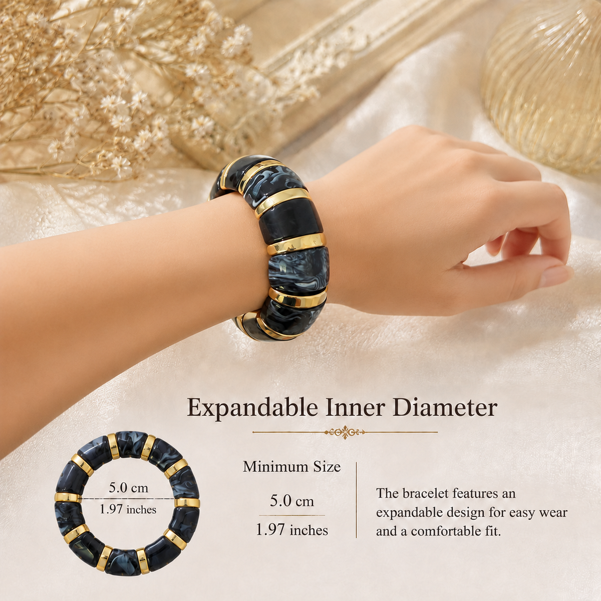 Udroze Black chunky resin stretch bangle bracelet - bracelet dimensions
