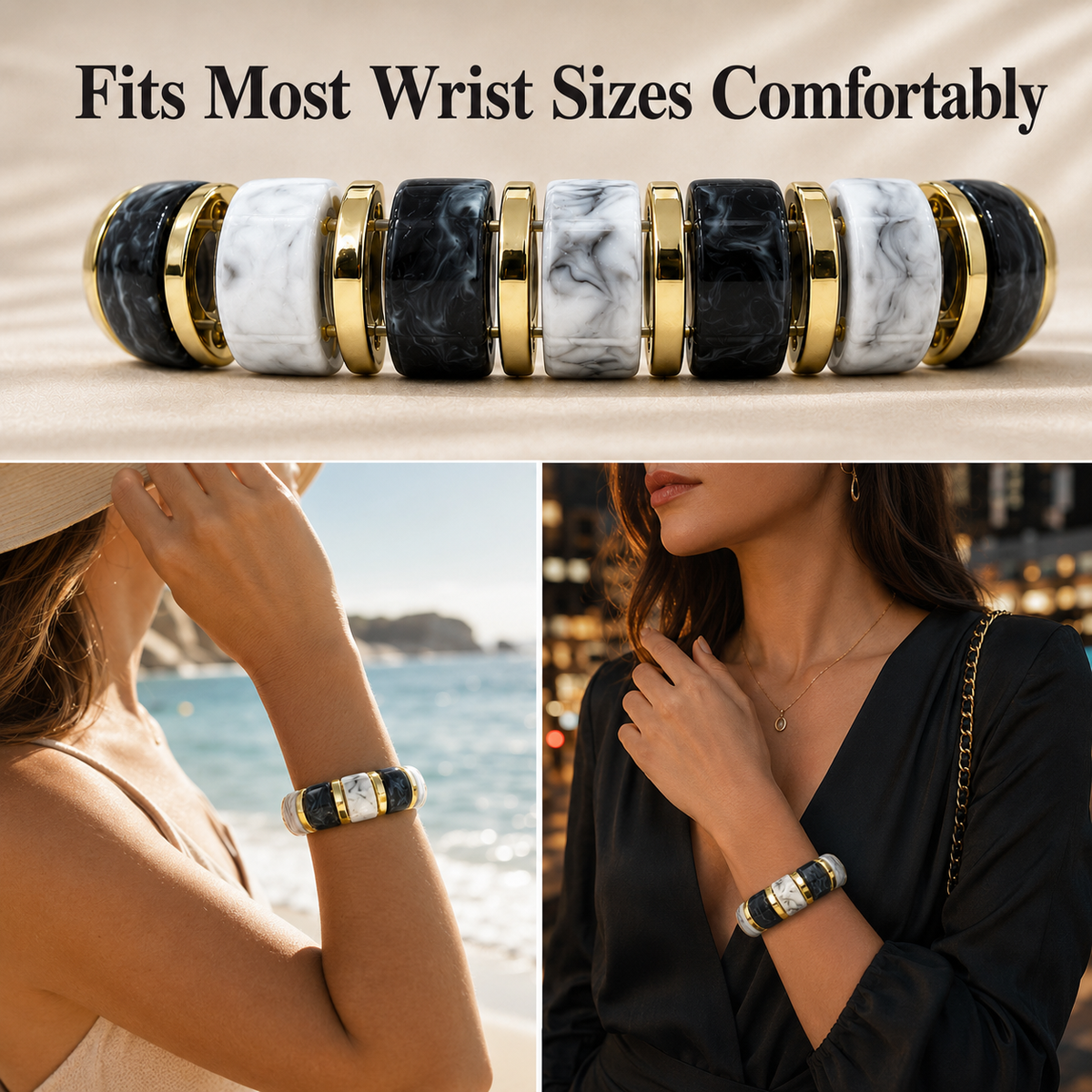 Udroze BlackWhite chunky resin stretch bangle bracelet - product detail