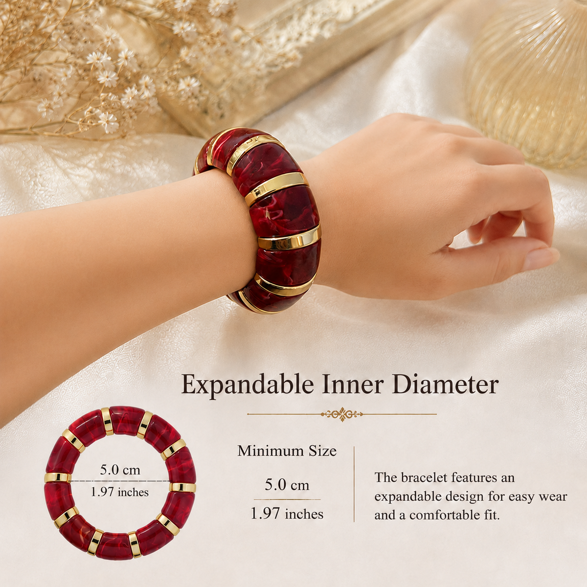 Udroze Burgundy chunky resin stretch bangle bracelet - bracelet dimensions