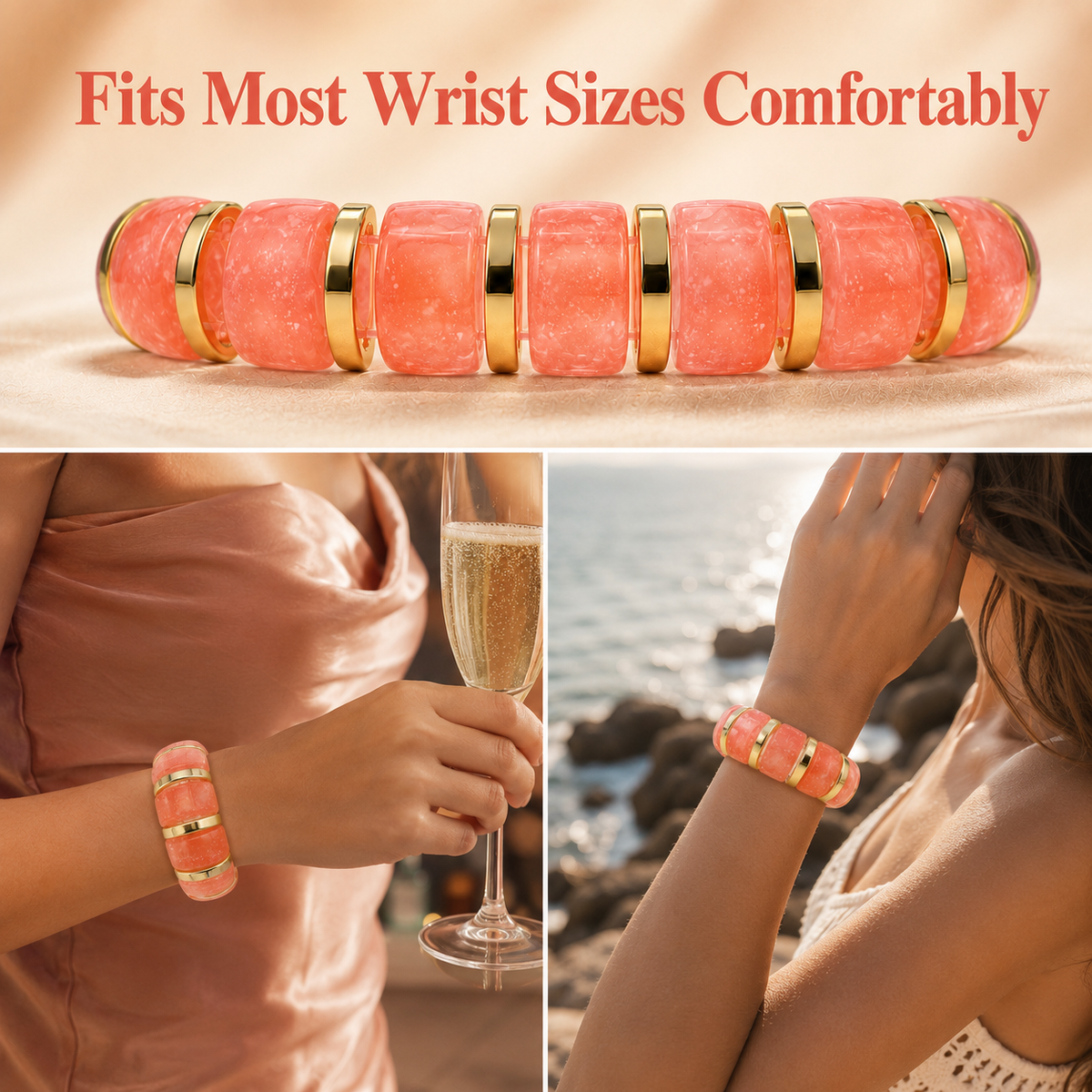 Udroze Coral chunky resin stretch bangle bracelet - product detail