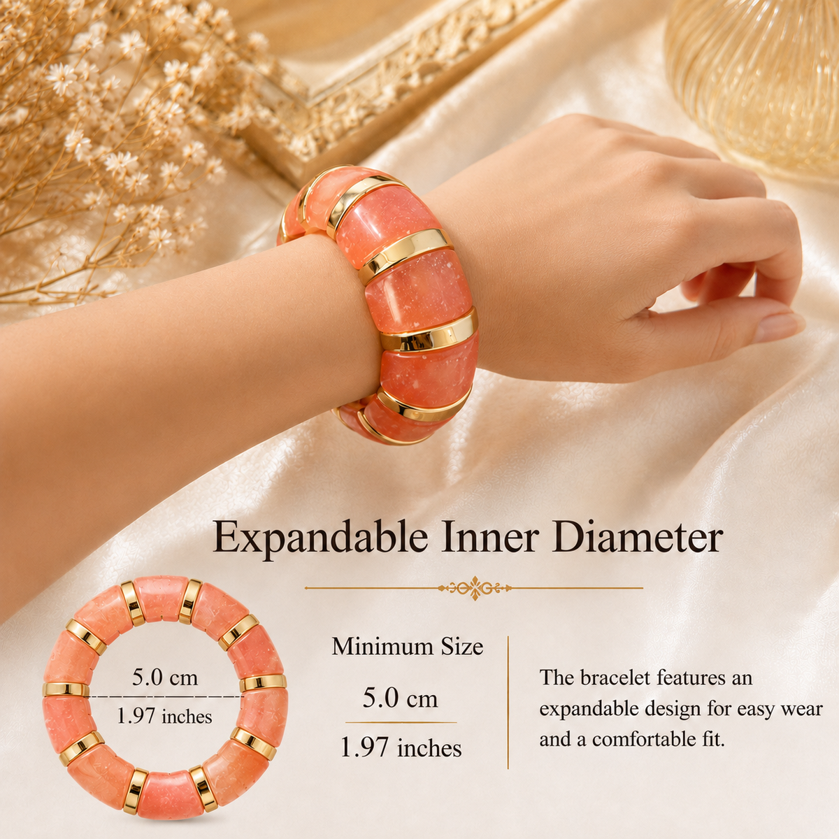 Udroze Coral chunky resin stretch bangle bracelet - bracelet dimensions