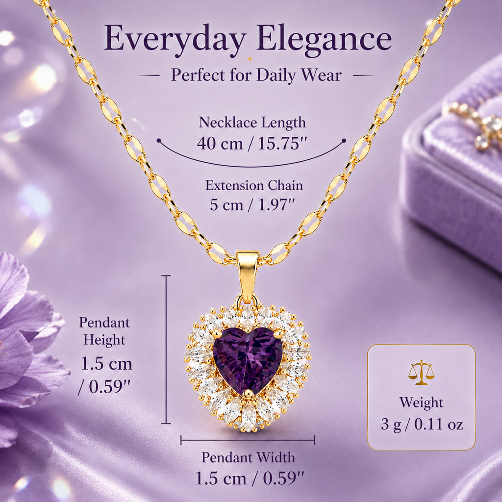 UDROZE Amethyst Violet heart necklace - pendant dimensions