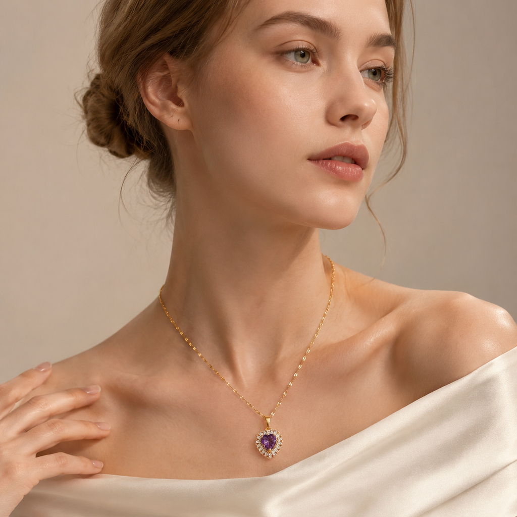 UDROZE Amethyst Violet heart necklace - model wearing the necklace