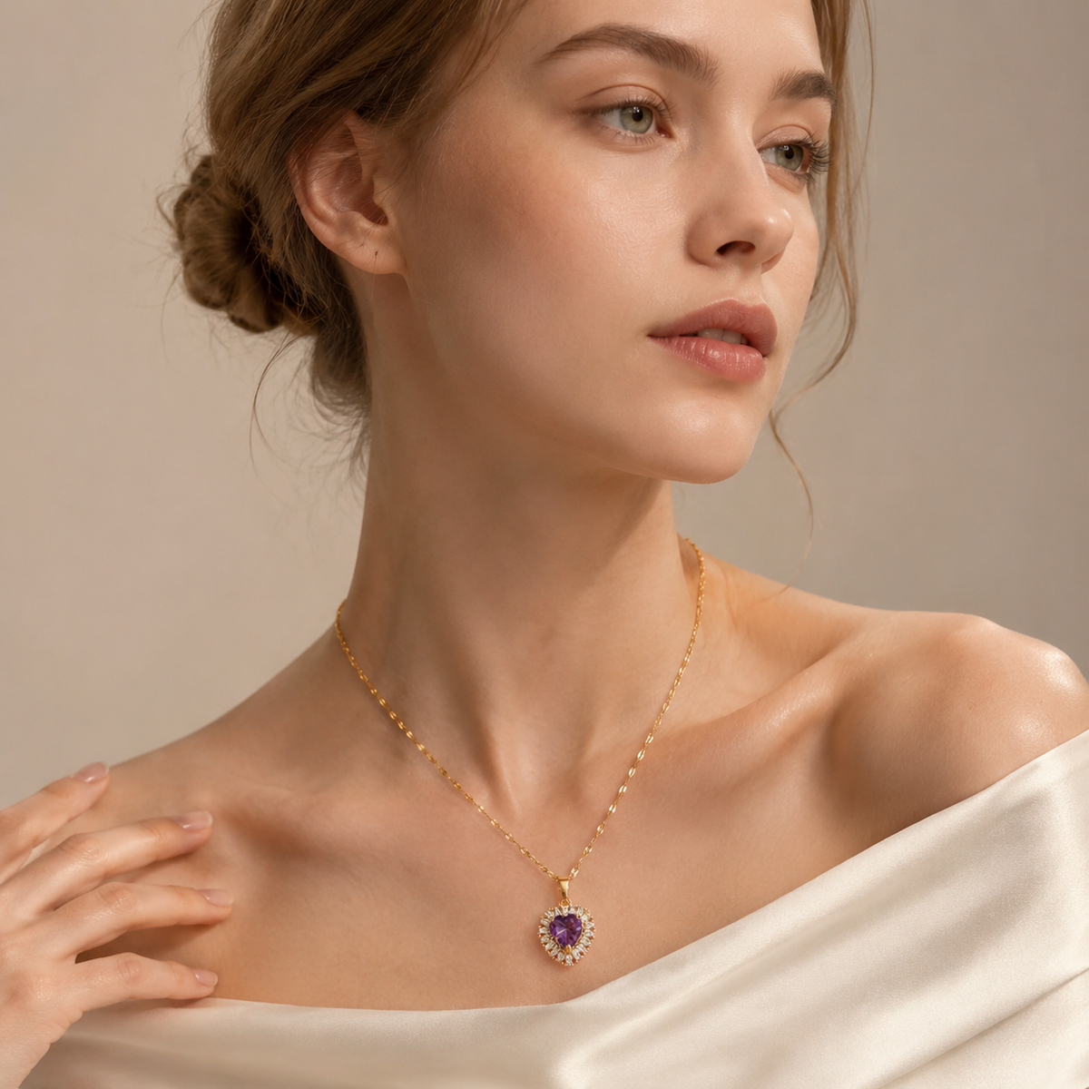 UDROZE Amethyst Violet heart necklace - model wearing the necklace