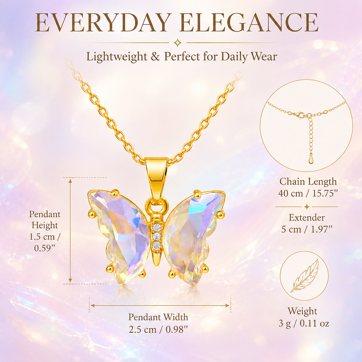 UDROZE Aurora Crystal butterfly necklace - pendant dimensions